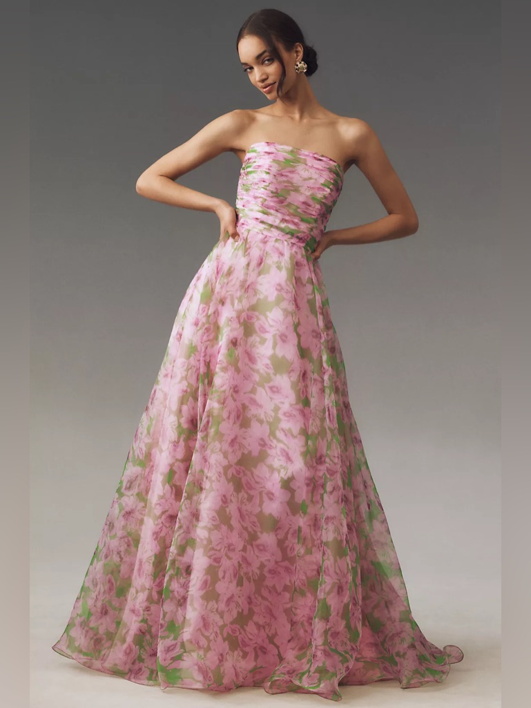 Nwt Mac Duggal 30783 Pink Strapless Floral Chiffon Gown Anthropologie